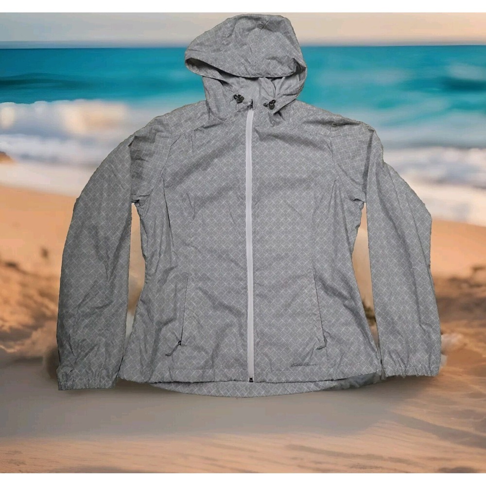 Eddie Bauer Windbreaker Jacket Womens Medium Gray Excellent Hooded Full Zip